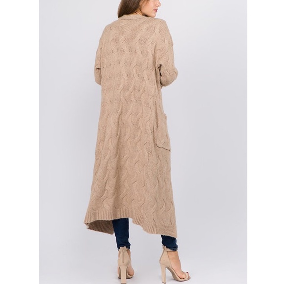 Boho Khaki Beige Chunky Cable Knit Long Cardigan Sweater Duster Coat - Picture 4 of 6